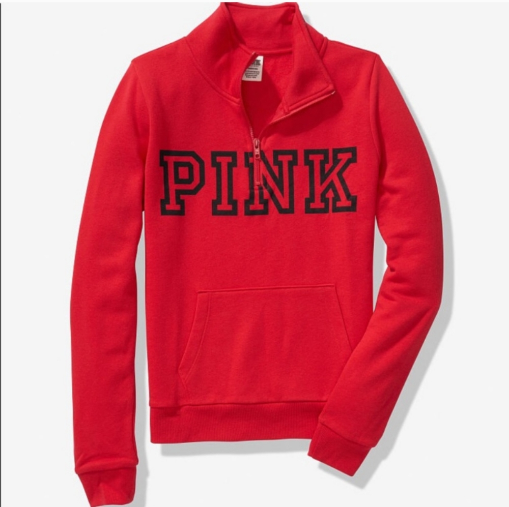 PINK VS Quarter Zip Up Sweatshirt Red Pepper 🌶️ & Black Block Logo - Picture 7 of 8